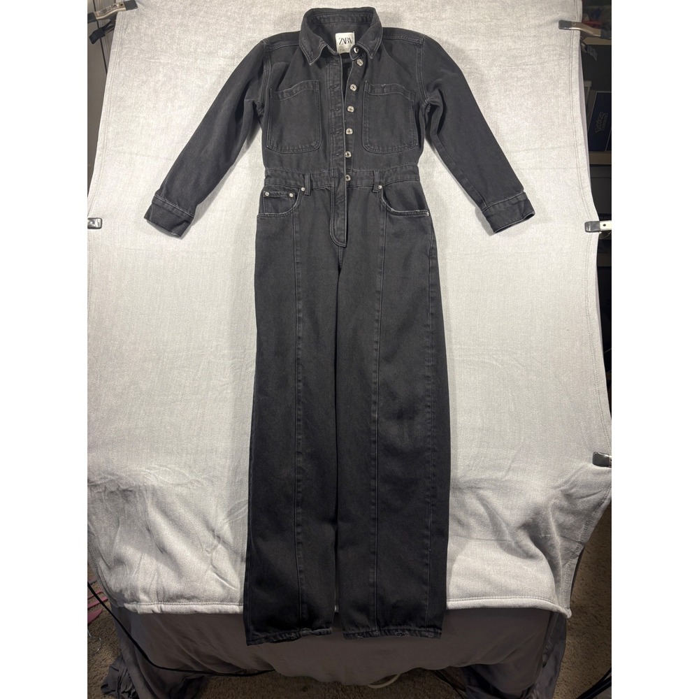 Zara Womens Black Denim Long Sleeve Utility Jumpsuit Size Large L Button Front